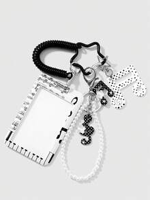 ROMWE Kawaii 1 Fashionable Retro Fashion Handmade Beaded Black And White Rhinestone Polka Dot Note Star Printing Card Cover DIY Keychain Bag Pendant - Black and white-215 - View 11