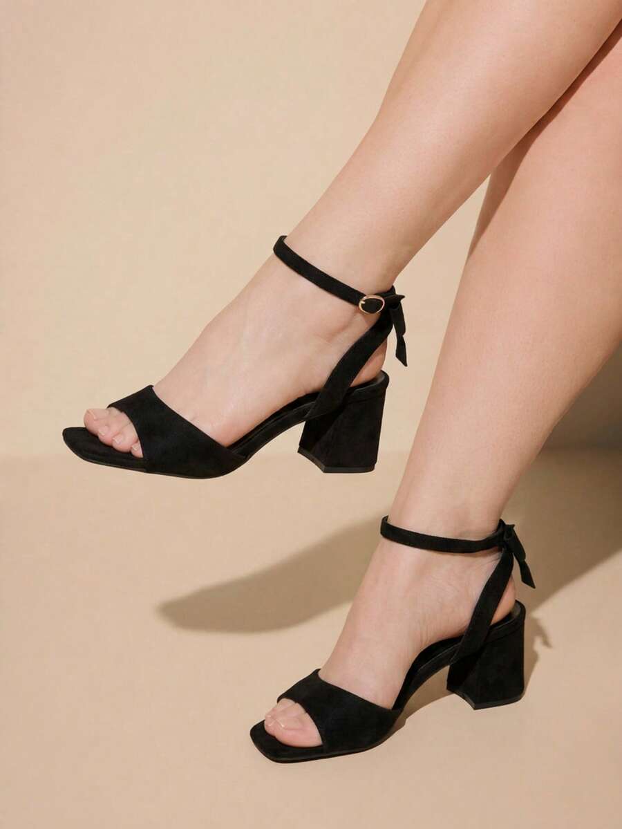 CUCCOO CURVES Women's Square Toe Buckle Design Daily Versatile Fashion Wide Last High Heels - Black suede - View 1