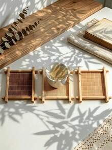 Haus Hana 6Pcs Bamboo Square Coaster, Japanese‑Style Well‑Shaped Teacup Holder, Heat‑Resistant Anti‑Scald Bamboo Tea Tray, Decorative Cup Mat, Practical Table Ornament For Kung Fu Tea Set, Home Tabletop Tea Ceremony Daily Use Decor Accessories - Multicolor - View 1