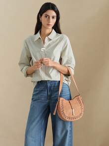Wovira Women's Shoulder Bag, Crescent Moon Bag, Saddle Bag. Handmade Sense, Urban Fashion, Old Money Style, Hollow Flower Pattern, Large Capacity - Brown - View 8