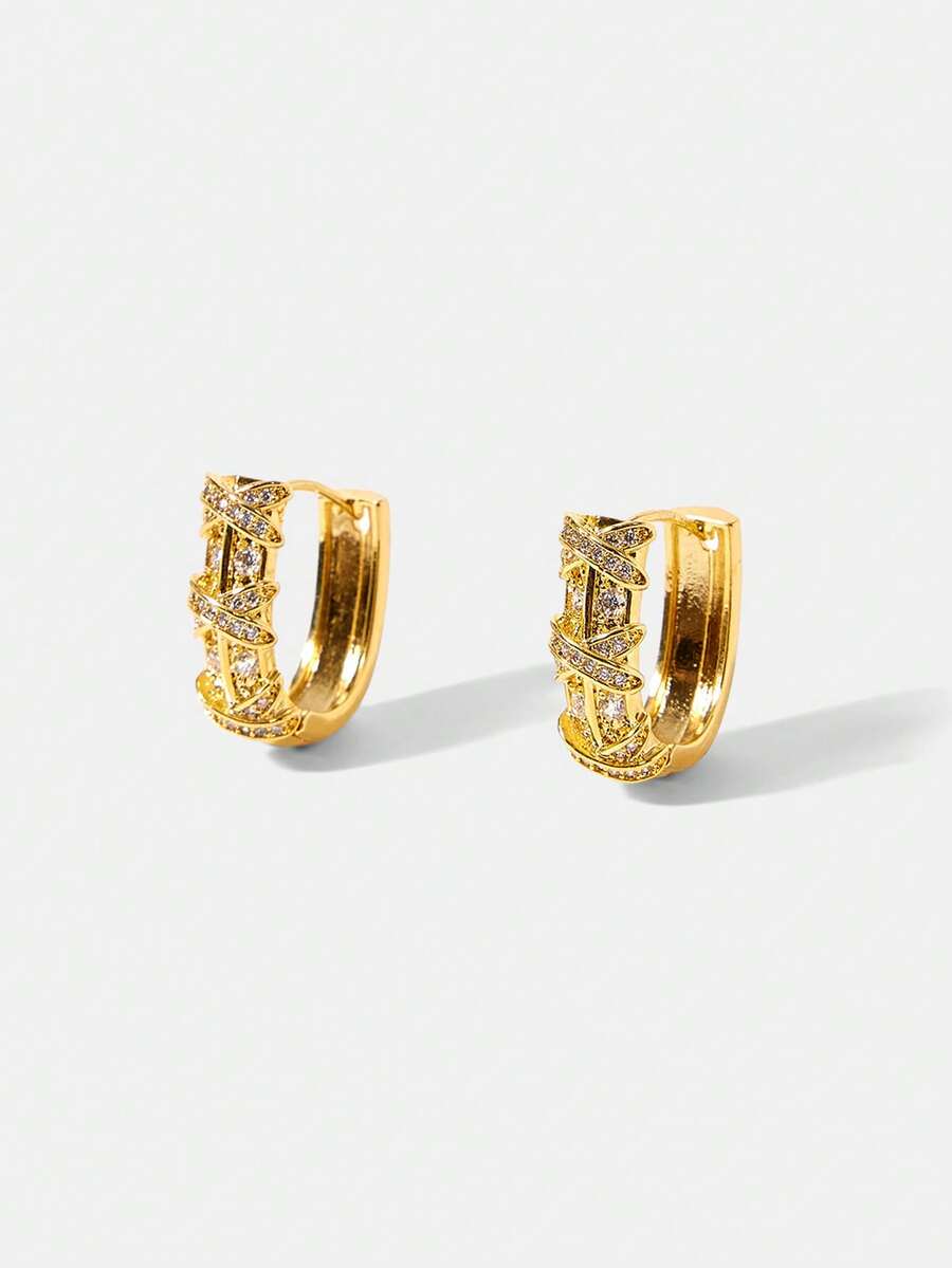 MOTF PREMIUM PRE ELEGANT SPLICING X-WORD SPARKLING ROUND WINDING STONE EARRINGS - Yellow Gold - View 1