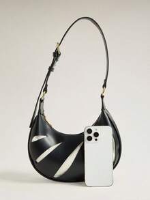 Wovira Women's Shoulder Bag, Crescent Bag, Geometric Line Design, Black And White Contrasting Colors, Hollow Design, Urban Fashion, Suitable For Daily Commut - Black and White - View 4