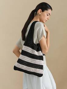 Wovira Women's Shoulder Bag, Multi-Handmade Crochet Bag, Retro Striped Design, Holiday Simple Hollow Women's Portable Shoulder Bag, Large Capacity, Commuting - Black and White - View 1