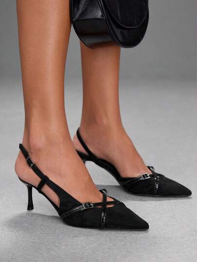 CUCCOO SZL Black Suede Splicing Glossy Multi-Buckle Cross-Strap Back Empty Stilettos, Women's Pointed Party High Heels, Slingbacks