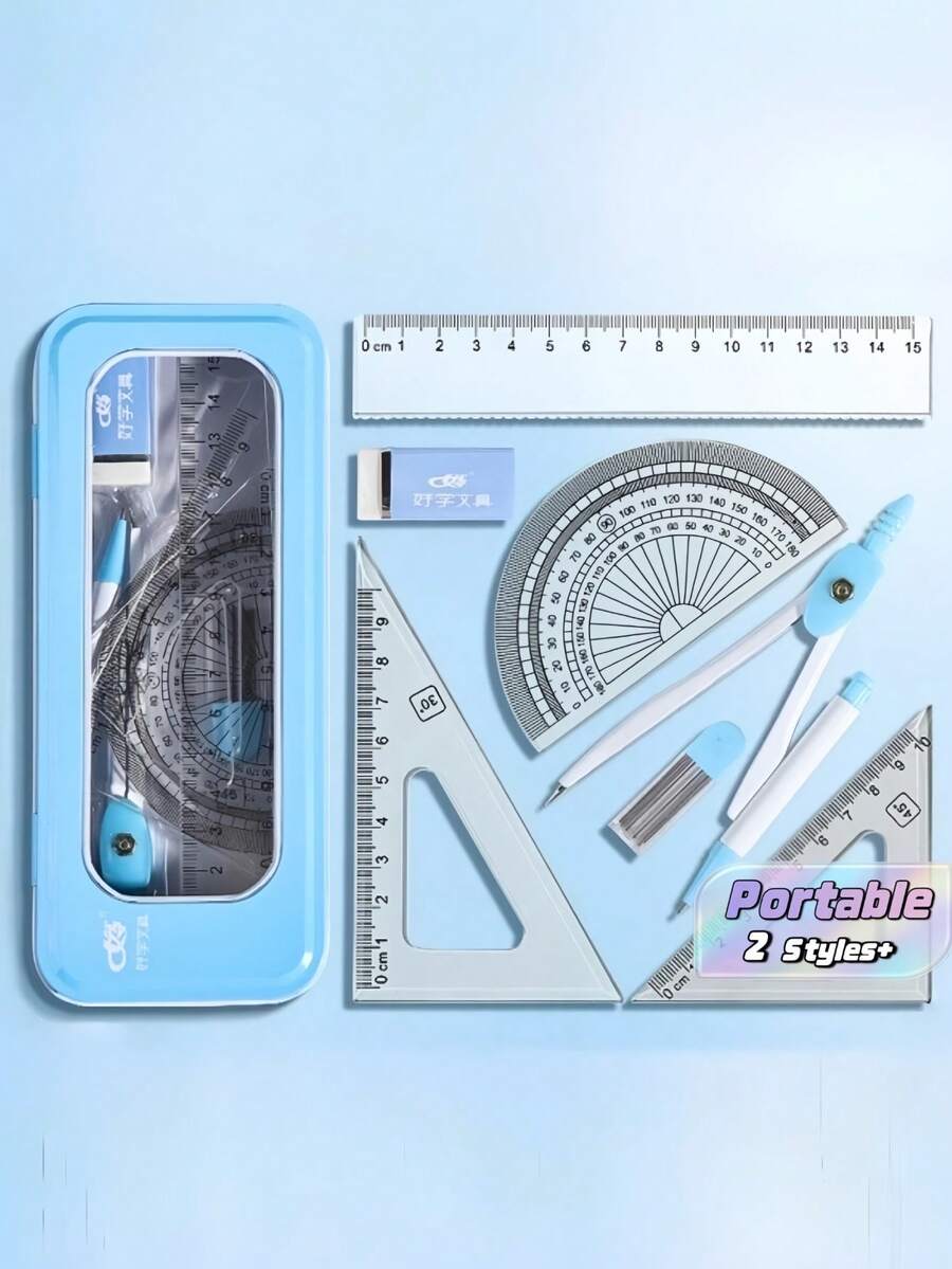 8-częściowy zestaw geometryczny z cyrklem i linijką, zawiera prostą linijkę, ekierkę, kątomierz, gumkę, kompletny zestaw narzędzi do rysowania matematycznego z przenośnym metalowym pudełkiem, praktyczny zestaw szkolny dla uczniów, narzędzia do nauki, niezbędne na powrót do szkoły - Wielobarwność - Zobacz 1