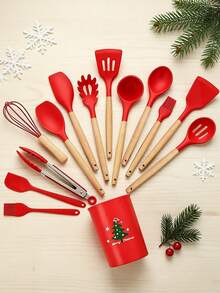 Haus Hana Christmas Wooden Handle Silicone Scraper, Suitable For Non Stick Pans, Household Cooking Scraper And Spoon, High Temperature Resistant Kitchenware Set. - Red - View 2