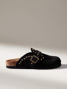 Solecia Metal Buckle Rivet Decoration Personalized Retro Half Slippers Travel Vacation - Black - View 1