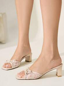 CUCCOO CHICEST Women's Fashion Sexy Square Toe Embroidered Thread Lace Mesh Fabric Bow Slippers, Medium And High Heels Lacquered Thick And Straight Heels. Light And - Apricot - View 5