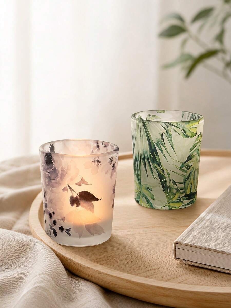 Haus Hana Ink Floral Print Glass Candle Holder, Modern INS Style Aromatherapy Candle Cup & DIY Scented Wax Container, Romantic Table Decor For Bedroom, Living Room, Wedding, Dinner Party, Holiday & Housewarming Gift - multicolor - View 1