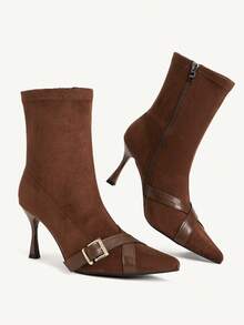 CUCCOO CHICEST Autumn And Winter Pointed Suede Square Buckle Thin Heel Temperament Commuter High Heel Short Boots - Brown - View 4
