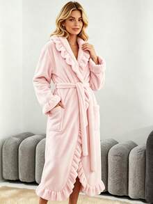Cirelle Women's Plush Ruffle Trim Fleece Bathrobe, Soft Warm Long Plush Robe With Belt, Elegant Light Pink Loungewear - Multicolor - View 6