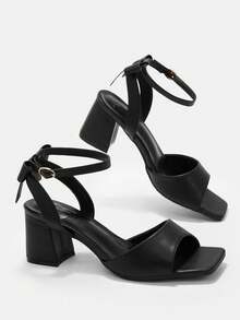 CUCCOO CURVES Women's Square Toe Buckle Design Daily Versatile Fashion Wide Last High Heels - Black PU - View 11