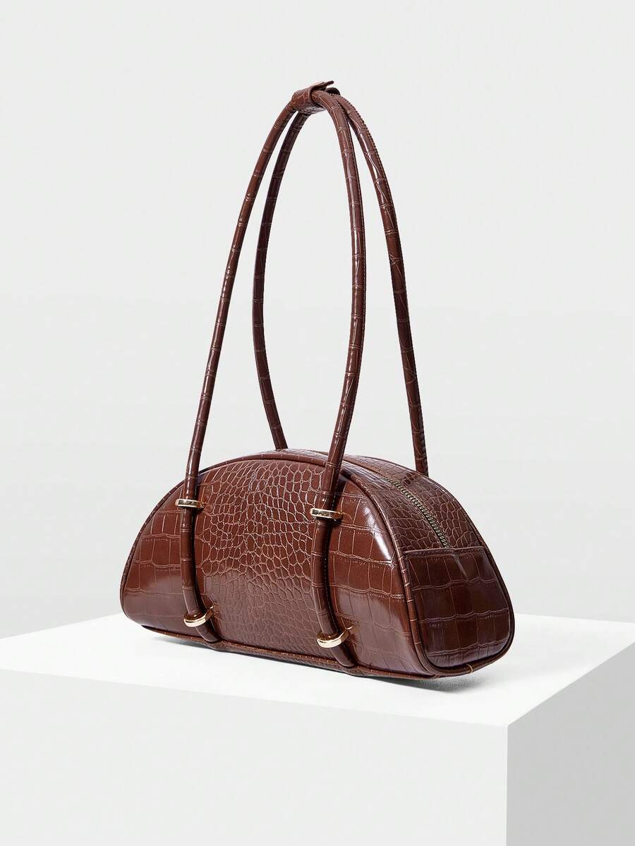 MOTF WOMEN'S FASHION RETRO BROWN CROCODILE PATTERN SHOULDER BAG, SIMPLE AND CHIC HALF-MOON BAG, FOR DAILY, COMMUTING, SHOPPING, TRAVEL, FESTIVALS - Coffee - View 1