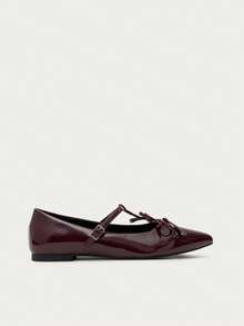 Nöista Burgundy Patent Mary Jane Ballet Flat With A Pointed Toe, Double Bow Detail And Delicate Strap For A Feminine, Polished Look. Fall Shoes - Burgundy - View 3