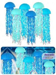 Blue Jellyfish Paper Lanterns, Hanging Ocean Character Themed Decor, Colorful Streamer Ornament For Birthday Wedding Baptism Wall Home Party Decoration - Multicolor - View 1