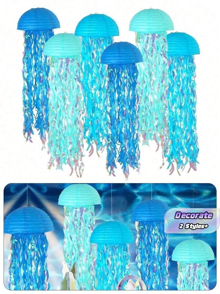 Blue Jellyfish Paper Lanterns, Hanging Ocean Character Themed Decor, Colorful Streamer Ornament For Birthday Wedding Baptism Wall Home Party Decoration - Multicolor - View 1