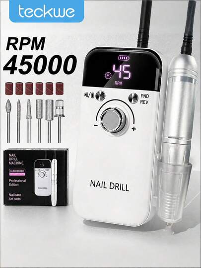 Teckwe Professional 45000RPM Electric Nail Drill - Portable, Rechargeable With Low Noise For Manicure & Pedicure - USB Powered, Lithium Battery, Valentine's Day Gift(1200mAh Lithium Battery For Long-Lasting Power Supply)