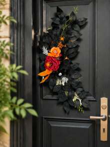 2Pcs Gothic Black Red Rose Flower Garland, Artificial Vine With Maple Leaf & Berry For Wedding Arch Halloween Home Wall Party Decor - Multicolor - View 6