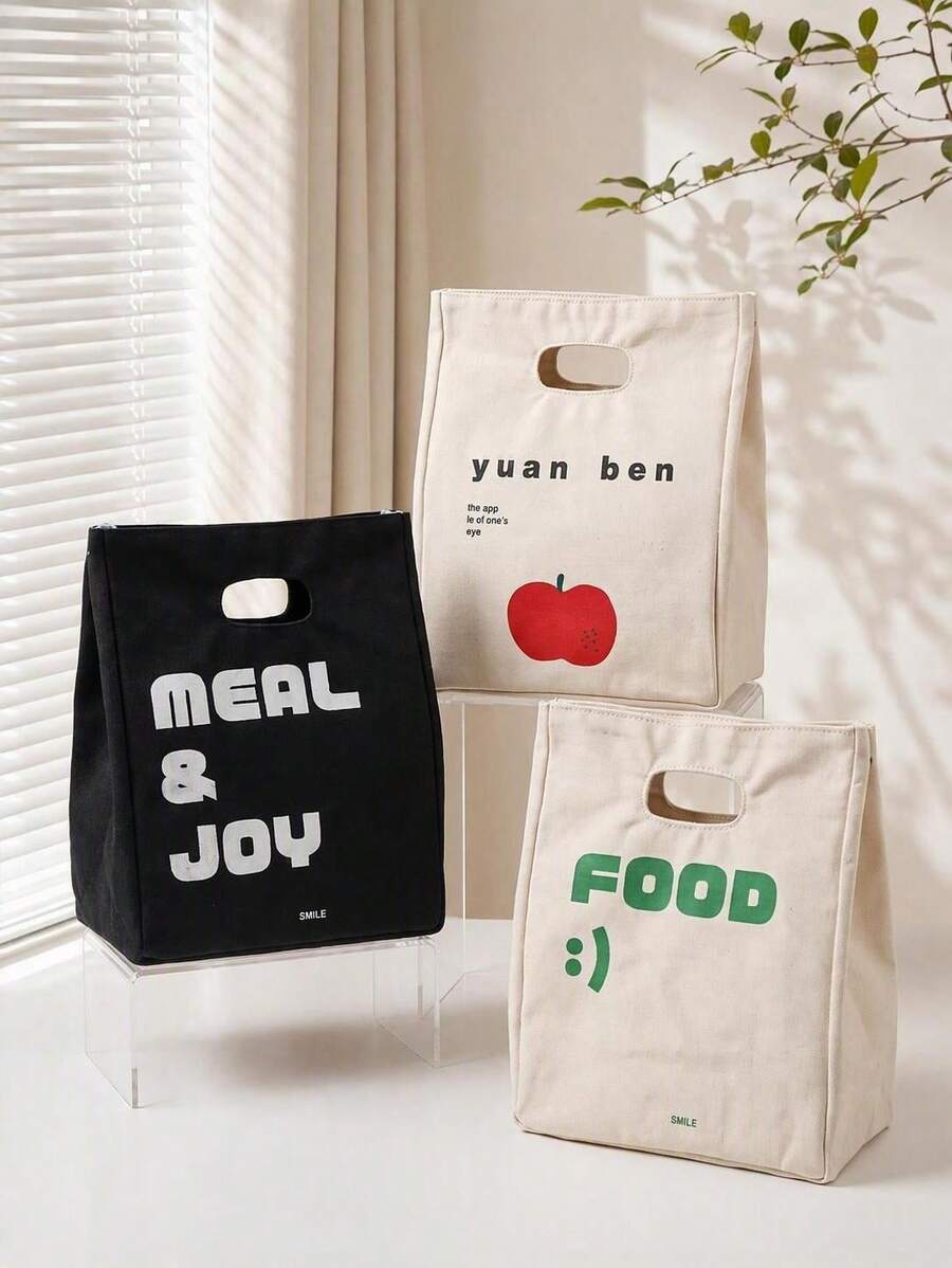 Haus Hana 1pc/2pcs Portable Thermal Food Carry Pouch, Sturdy Heavy Canvas Fabric With Heat Preserving Inner Layer, Minimal Fruit Text Graphic Spacious Snack Container For Daily Travel Workplace Meal Arrangement, Gift For Daily Commuting Adults Birthday Gift - Multicolor - View 1