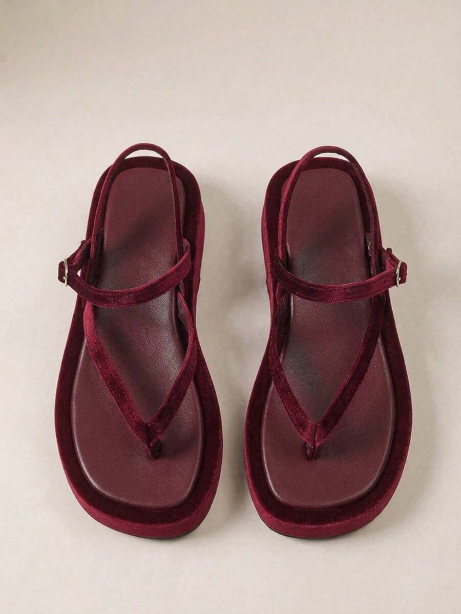 HighSole 簡約露趾休閒風厚底涼鞋,適合旅行與度假日常穿著 - 韓國絨酒紅色 - 查看 1