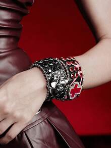 MortiRose 1 Piece Rivet Skull Wide Leather Bracelet, Halloween, Halloween Accessories/Gothic/Dark/Black - Multicolor - View 3