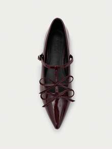 Nöista Burgundy Patent Mary Jane Ballet Flat With A Pointed Toe, Double Bow Detail And Delicate Strap For A Feminine, Polished Look. Fall Shoes - Burgundy - View 1