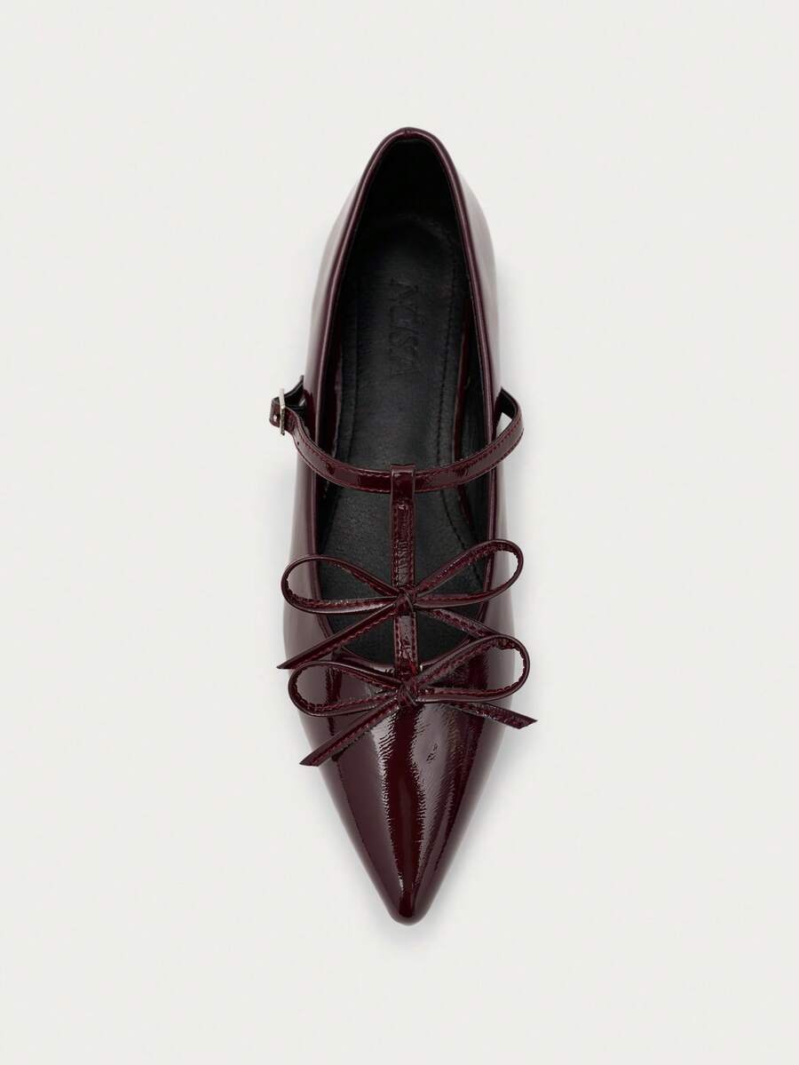 Nöista Burgundy Patent Mary Jane Ballet Flat With A Pointed Toe, Double Bow Detail And Delicate Strap For A Feminine, Polished Look. Fall Shoes - Burgundy - View 1