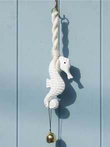 1Pc 27cm Resin Seahorse Hanging Ornament With Starfish Shell Bell In Blue White For Beach Nautical Home Wall Door Summer Decor Trending. - multicolor - View 2