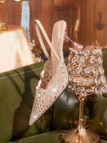 CUCCOO TILAWA Embroidery Champagne Sparkling Rhinestone Elegant Elegant Sexy Pointed Women's High Heels - Elastic Slip-On Exquisite Design - Champagne - View 3