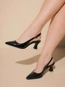 CUCCOO CURVES Black Pointed Back Empty Strap Thick Heel High Heels Women's, Temperament Square Heel Commuter Bag Head Sandals - Black - View 5