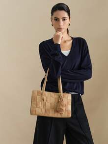 Wovira Women's Tote Bag, Hand-Woven, Velvet Fabric, Woven Bag, Retro Style, Old Money Style, Large Capacity, Suitable For Daily Commuting And Shopping - Apricot - View 11