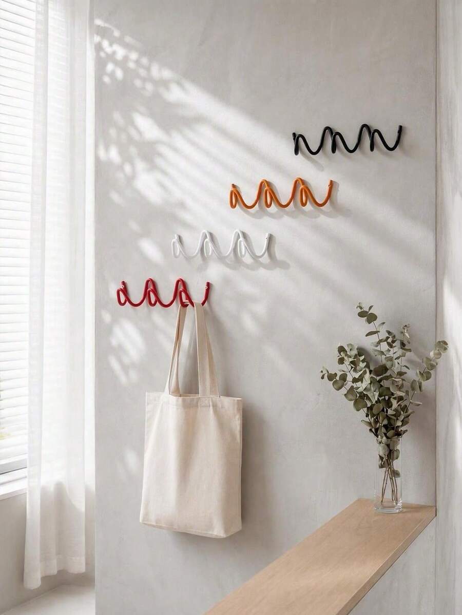 Haus Hana 1PC Modern Wavy Metal Wall Hooks, 3-Hook Coat Hanger, Heavy-Duty Adhesive Storage Rack For Bedroom, Bathroom & Entryway, Space-Saving Organizer - Multicolor - View 1