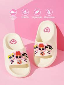 THE POWERPUFF GIRLS X SHEIN 可愛卡通兒童拖鞋，兒童快乾浴室拖鞋，輕量耐用EVA材質，適合室內外穿著 - 米色 - 查看 1