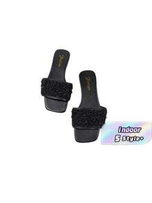 Flat Sliding Sandals For Plus Size Women, Casual Beach Multi-Use, Decorated With Rhinestones, Easy To Wear - Black - View 1