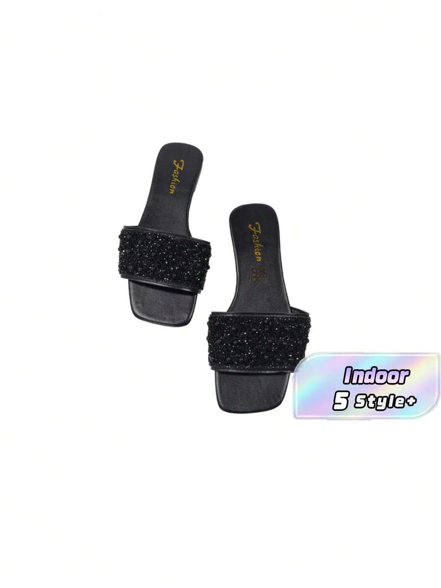 Flat Sliding Sandals For Plus Size Women, Casual Beach Multi-Use, Decorated With Rhinestones, Easy To Wear - Black - View 1