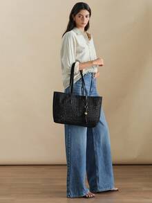 Wovira Women's Fashion Black Tote Bag, Delicately Woven Large-Capacity Shoulder Bag For Daily Use, Commuting, Vacation, Travel - Black - View 10