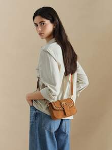 Wovira Women's Handbag, Suede Crossbody Bag, With Drawstring Detail And Buckle Embellishment, A Retro Casual Shoulder Bag, Suitable For Daily Commuting, Shop - Brown - View 7