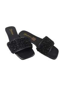 Flat Sliding Sandals For Plus Size Women, Casual Beach Multi-Use, Decorated With Rhinestones, Easy To Wear - Black - View 5