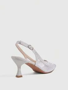 CUCCOO SZL Women's Fashion Pointed Mesh Stitching Rhinestone Summer Fashion Party Party Spread Kitten Heel Empty Kitten Heel High Heels Shoes - Grey - View 3