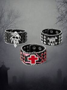 MortiRose 1 Piece Rivet Skull Wide Leather Bracelet, Halloween, Halloween Accessories/Gothic/Dark/Black - Multicolor - View 15