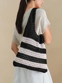 Wovira Women's Shoulder Bag, Multi-Handmade Crochet Bag, Retro Striped Design, Holiday Simple Hollow Women's Portable Shoulder Bag, Large Capacity, Commuting - Black and White - View 6