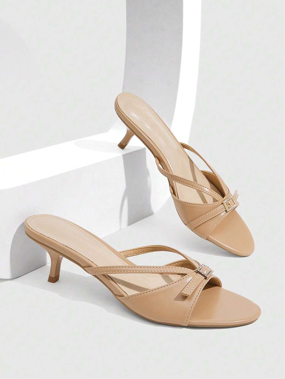 CUCCOO SZL Women's High Heels PU Apricot High Heels Sandals Kitten Heel Rhinestone Square Buckle Comfortable Versatile Daily Commute Vacation Party Women's High