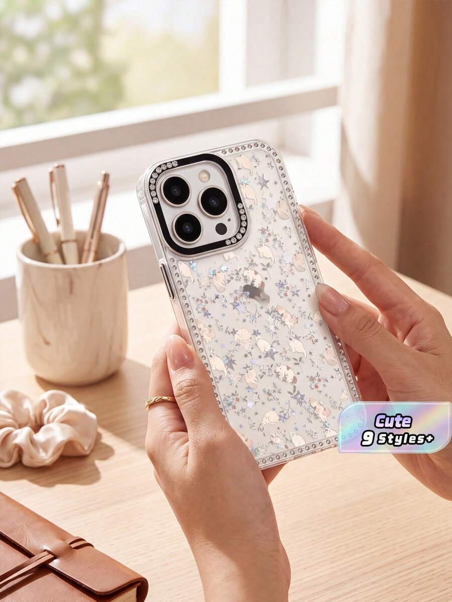 Sparkling Sparkle Line Stone Fashion Katzen Blumen Muster High-End TPU Hülle mit Vollbild Stoßfest, mit 17/17 Pro/17 Pro Max/16/16 Pro/16 Pro Max/15/15 Pro/15 Pro Max Stoßfest Sturz - Blumenkatze - Übersicht 1