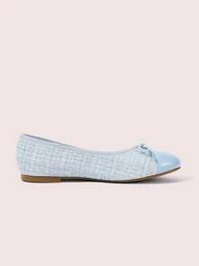CUCCOO DOLLMOD Women's French Tweed Color Matching Ballet Flats, Bow Decorative Round Toe Cover Wearing Soft-Soled Casual Shoes, Color Matching Design, Commuting - Light blue - View 5