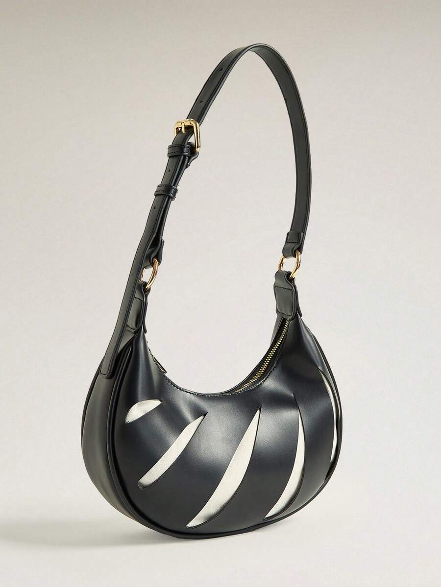 Wovira Women's Shoulder Bag, Crescent Bag, Geometric Line Design, Black And White Contrasting Colors, Hollow Design, Urban Fashion, Suitable For Daily Commut - Black and White - View 1