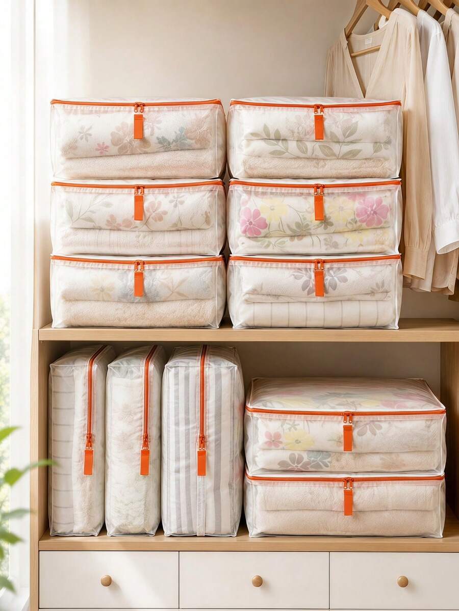 Haus Hana Large Capacity Clear Foldable Clothes Storage Bag, Moisture Resistant Dustproof Quilt Organizer With Visible Window & Pull Tab, Space Saving Case For Blankets, Jackets, Pillows, Towels, Linens, Closet, Wardrobe, Under Bed, Moving & Travel - Multicolor - View 1