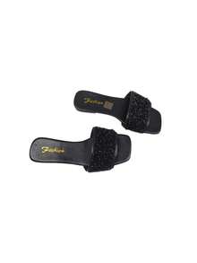 Flat Sliding Sandals For Plus Size Women, Casual Beach Multi-Use, Decorated With Rhinestones, Easy To Wear - Black - View 6