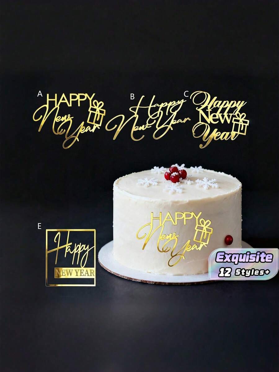 1pc/3pcs/6pcs Golden Acrylic Happy New Year 2026 Cake Topper ForNew Year's Party DIY Cake Dessert Decorations - Multicolor - View 1