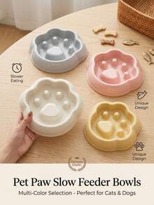 PETSIN 1PC Paw Shaped Slow Feeder Pet Food Bowl / Smooth Glossy Food PP Plastic Cute Cat Paw Outline Multi Macaron Pastel Solid Color Built-In Raised Slow Feed Pillars Wide Scalloped Rim Stable Thick Base - 430ML - View 1