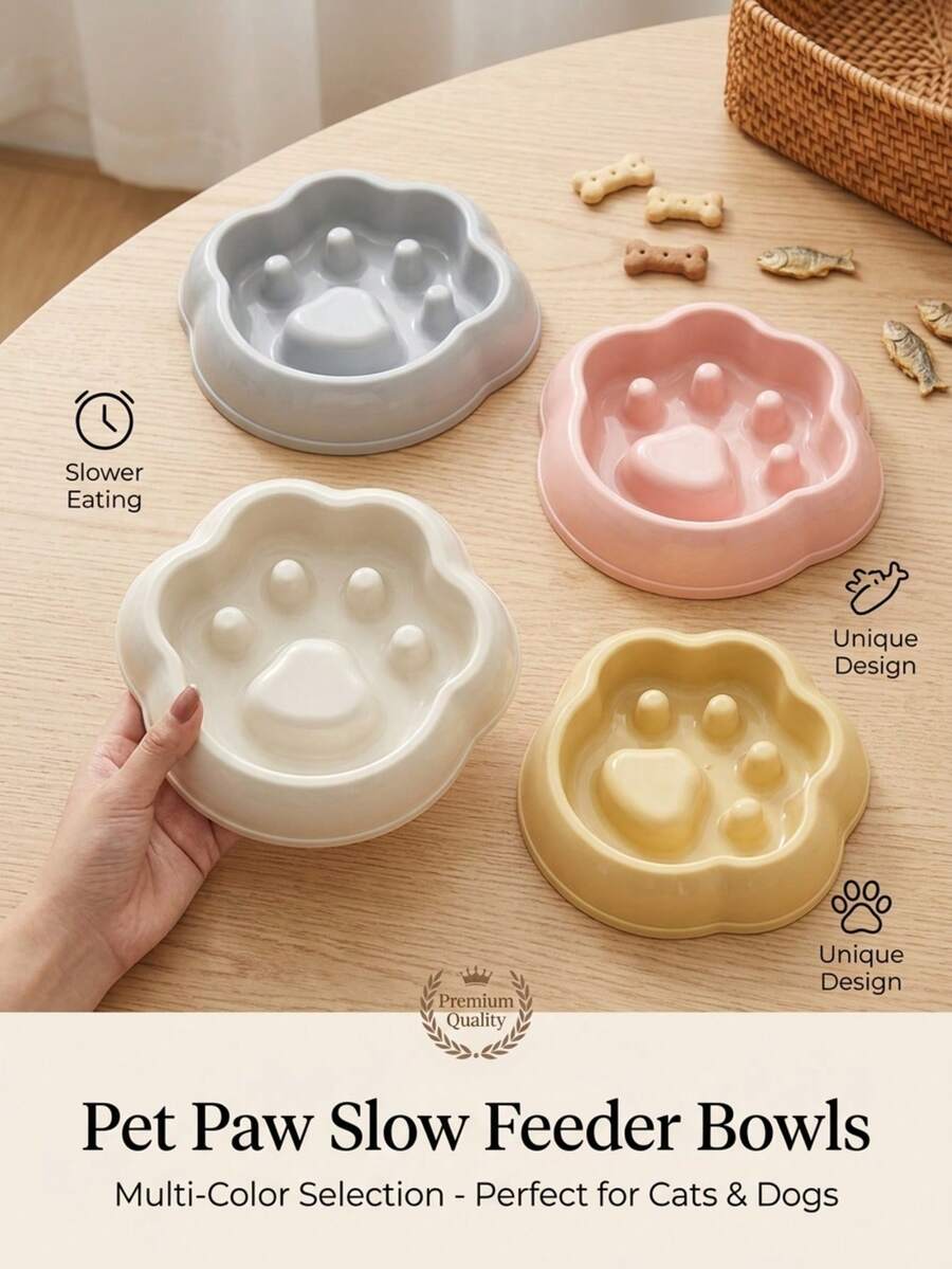 PETSIN 1PC Paw Shaped Slow Feeder Pet Food Bowl / Smooth Glossy Food PP Plastic Cute Cat Paw Outline Multi Macaron Pastel Solid Color Built-In Raised Slow Feed Pillars Wide Scalloped Rim Stable Thick Base - 430ML - View 1